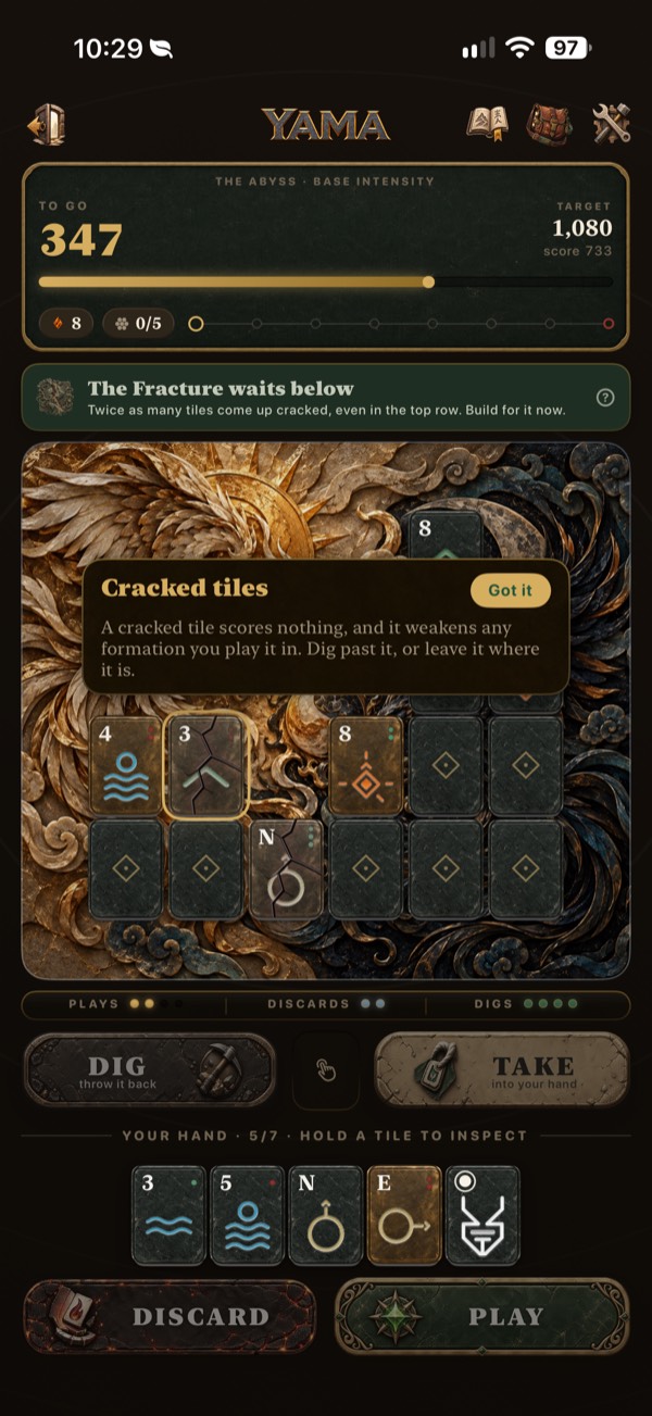 A short note explaining cracked tiles, shown the first time one appears on the board