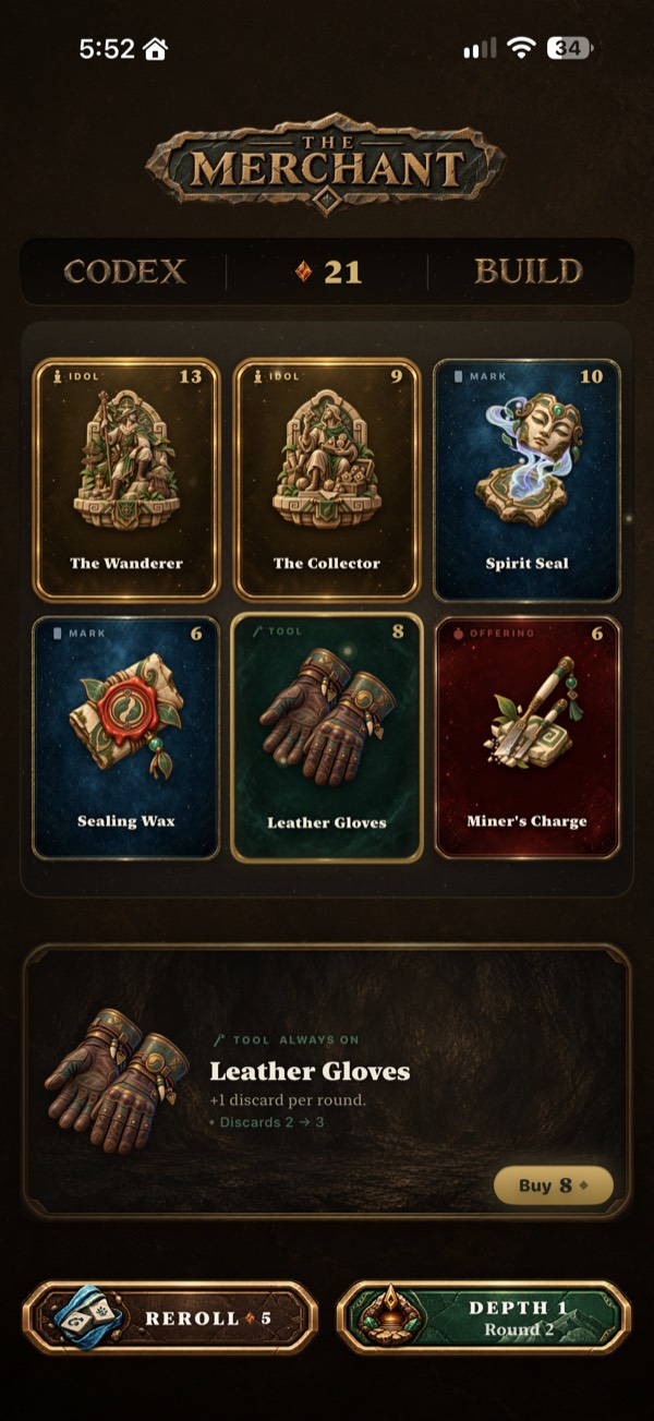 The Merchant: six items on the shelf, with Leather Gloves selected