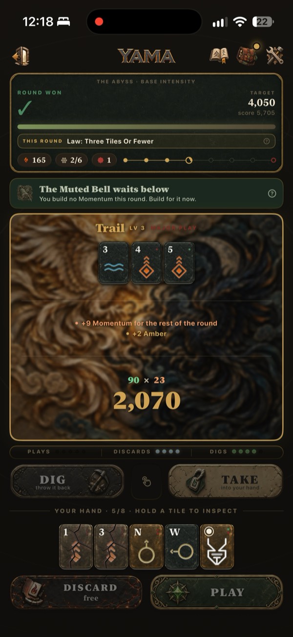 A three-tile Trail scoring 90 times 23, for 2,070